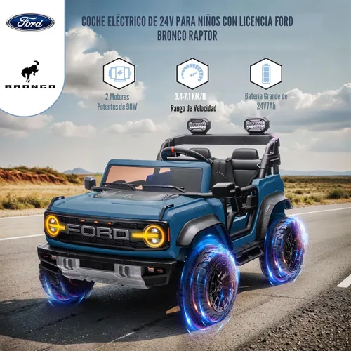 Miniatura 2 de ENYOPRO coche de 2 plazas para niños de 24V con licencia Ford Bronco Raptor, camioneta eléctrica de juguete con control remoto, absorción de Azul