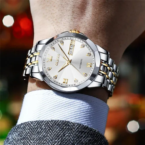 Miniatura 36 de OLEVS Reloj de pulsera automático con diseño de esqueleto para hombre, de lujo, con diamantes de lujo, de acero inoxidable, calendario, reloj