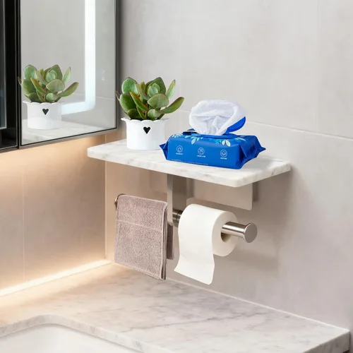 Miniatura 7 de Soporte de papel higiénico con estante de mármol natural para baño, soporte de pañuelos montado en la pared adecuado para rollo mega