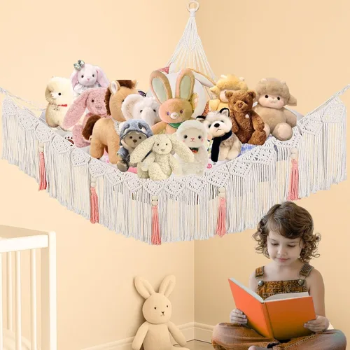Hamaca para animales de peluche, hamaca grande de macramé de felpa, red de almacenamiento de animales de peluche