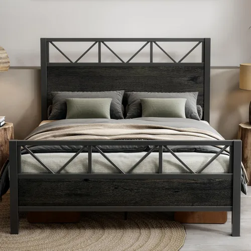 Miniatura 20 de LIKIMIO - Base de cama Queen, cabecero industrial alto de 51.2", con soporte metálico resistente, estructura de cama sólida y estable, libre