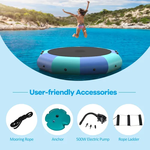 Miniatura 6 de GYMAX Trampolín de agua, trampolín flotante para lago con bomba eléctrica y escalera de cuerda, gorila de agua inflable para lago, resistente