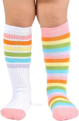 Miniatura 7 de EPEIUS Calcetines altos a la rodilla con rayas arco iris para bebé, medias de tubo antideslizantes, calcetines de fútbol para niños pequeños y niños
