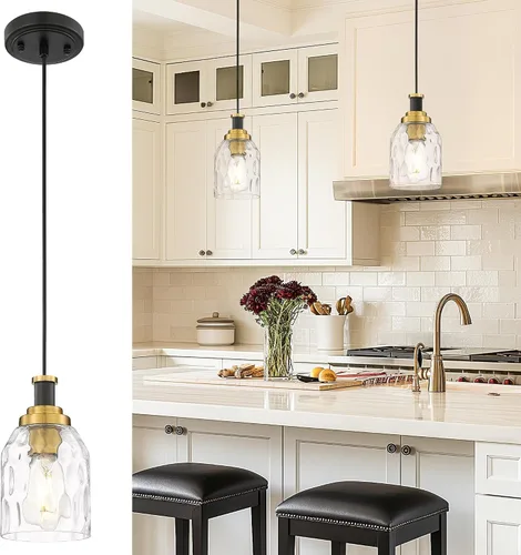 Miniatura 16 de Zeyu Lámpara Colgante Moderna de Oro, Lámpara Colgante de Vidrio de 1 Luz para Cocina y Comedor, Soporte de Vidrio Transparente, Acabado en Negro
