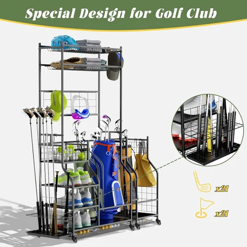 Miniatura 7 de ROOMTEC Organizador de almacenamiento de bolsas de golf, estante de almacenamiento de bolsas de golf para garaje, estante de almacenamiento