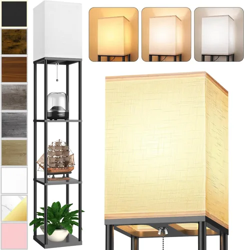 Miniatura 12 de Lámpara de pie con estantes para sala de estar blanca, lámpara de pie con estante con bombilla LED de 3 CCT, lámpara de columna de pie de esquina