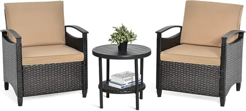 Miniatura 10 de Tangkula Juego de 3 piezas de mimbre para patio, sofá de ratán al aire libre, muebles de conversación con mesa de café, cojines de asiento y Mesa
