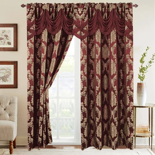 Elegant Comfort Juego de paneles de cortina de aspecto jacquard con cenefa de cascada adjunta (juego de 2), 54 x 84 pulgadas, color burdeos