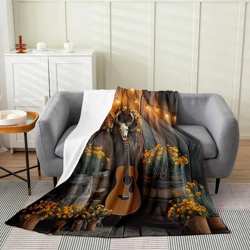 Miniatura 24 de Castle Fairy Manta de forro polar con botas de vaquero, manta de guitarra musical bohemia para niños y niños, manta de vaquera rústica occidental