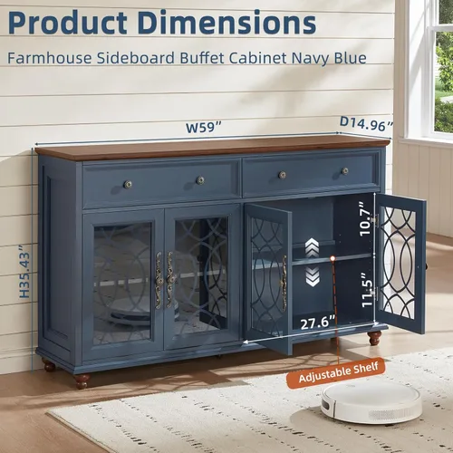 Miniatura 2 de Joaxswe Aparador de estilo rústico con almacenamiento, credenza grande de 59 pulgadas con 4 puertas de vidrio y 2 cajones, estantes ajustables, mesa