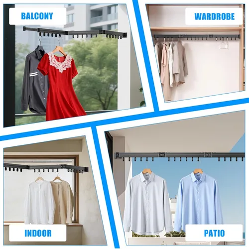Miniatura 6 de KAXIWEI Estante de secado de ropa, estante de secado de ropa montado en la pared, estante de secado de ropa retráctil plegable plegable de 3