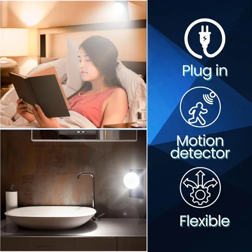Miniatura 5 de Luz de sensor de noche brillante LED Sensor de movimiento y luz Toma de corriente alterna enchufable cuello flexible giratorio PIR lámpara
