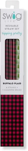 Miniatura 3 de Swig Life Popotes Reutilizables Estampados Buffalo Plaid + Árboles Juego de popotes reutilizables + cepillo de limpieza, cada popote mide 10.25