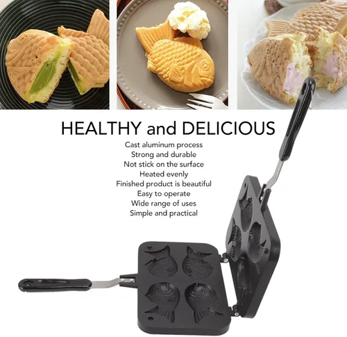 Miniatura 4 de Taiyaki - Máquina para hacer gofres con forma de pescado antiadherente para hornear doble con mango antiquemaduras, máquina japonesa de fabricación