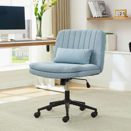 Miniatura 11 de Oprisen Silla cruzada con ruedas, cómodo cojín grueso sin brazos, asiento ancho, patas cruzadas, silla de oficina con almohada, ajustable giratoria