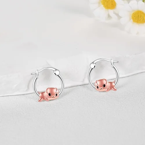 Miniatura 3 de Aretes de aro de plata de ley 925 de pato, vaca, cerdo, perro, bulldog francés, hongos, nutrias, mantarrayas, hipoalergénicos, lindos animales
