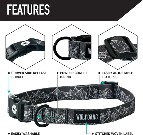 Miniatura 3 de Wolfgang - Collar de perro resistente y ajustable con hebilla de nailon de liberación rápida para caminar y entrenar, estampado WolfMountain
