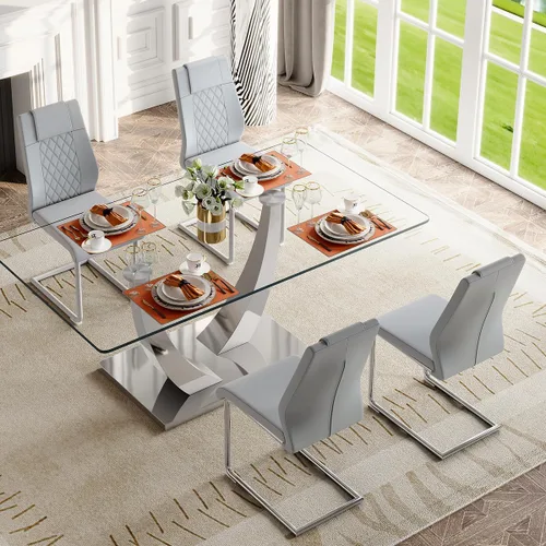 Miniatura 38 de Mesa de comedor moderna para mesa de comedor de mármol sintético de 4/6, 63 pulgadas, mesa de cocina rectangular, mesa de cocina y comedor de fácil