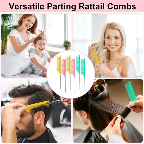 Miniatura 5 de 6 PCS Peines de Separación de Cabello Cola de Rata - Juego de Peines de Cola de Rata con Púa de Acero de Dientes Finos para Crepado para Mujeres