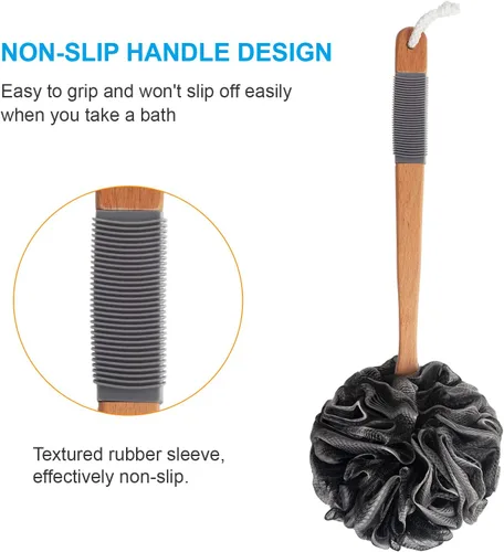 Miniatura 3 de AmazerBath Esponja de Ducha Loofah Exfoliante para la Espalda, Exfoliante Corporal de Malla Suave de PE con Mango Largo de Madera, Esponja de Baño