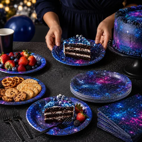 Miniatura 5 de Space Galaxy Party Supplies - Juego de vajilla para decoración de fiesta de cumpleaños del espacio exterior, noche estrellada, planeta, sistema