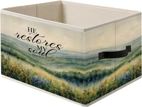 Miniatura 17 de Caja de Almacenamiento Floral Rústica Azul y Blanca con Asas, Canasta Organizadora Plegable Botánica de Flores Grandmillennial Caja de Juguetes