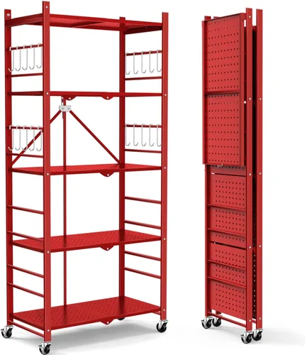 Miniatura 15 de Himix Estantes de almacenamiento con 6 ganchos, estante plegable de 3 niveles con ruedas, estantería de almacenamiento de metal, carrito rodante