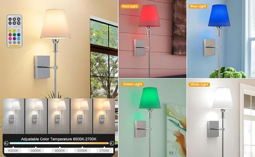 Miniatura 8 de Juego de 2 apliques de pared que funcionan con pilas, accesorios sin cableado, con bombilla regulable de control remoto (bombilla incluida)