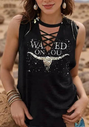 Miniatura 3 de Wasted On You Steer Skull - Camiseta sin mangas para mujer, diseño de vaquero occidental, camiseta de Rodeo, camiseta de música country