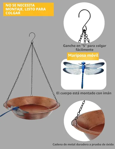 Miniatura 2 de Baño colgante para pájaros para exteriores, comedero de pájaros de metal de cobre antiguo con cadenas negras inoxidables de 17 pulgadas