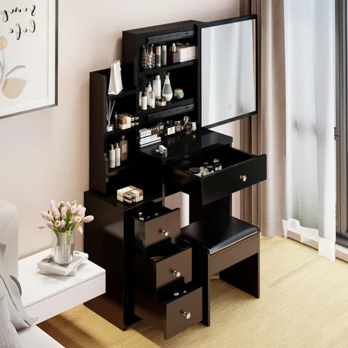 Miniatura 9 de BNSPLY 29.2" W Small Vanity Desk with Sliding Mirror, Black Makeup Vanity Set with 4 Drawers and 5 Shelves, Dressing Table with Cushion Stool for
