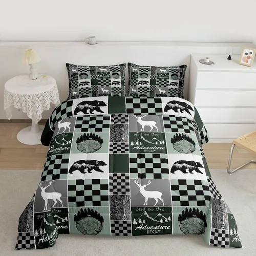 Miniatura 103 de Juego de edredón de oso y ciervo, tamaño individual, ropa de cama de animales salvajes de caza, colcha rústica de cabaña, casa de campo, cuadros