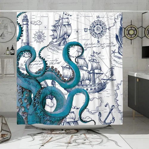 Miniatura 8 de Juego de cortina de ducha pequeña de pulpo náutico azul, divertidas cortinas de ducha estilo kraken de océano para baño, decoración de mapa pirata