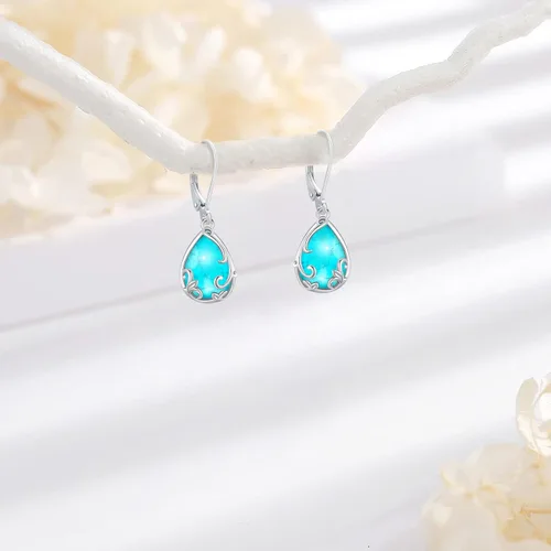 Miniatura 263 de Aretes colgantes de plata de ley con diseño de árbol de la vida, flor, abeja, animales, gato, colibrí, piedra lunar, turquesa, aretes con cierre