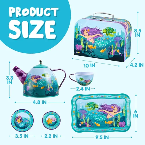 Miniatura 6 de JOYIN Juego de fiesta de té de sirena para niñas pequeñas, juego de tetera de hojalata, juguete de cocina con tetera, tazas, platos, estuche