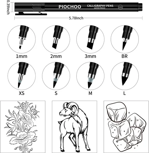 Miniatura 3 de Piochoo Bolígrafos de caligrafía, 8 tamaños de bolígrafos de caligrafía para escribir, juego de bolígrafos de caligrafía para principiantes
