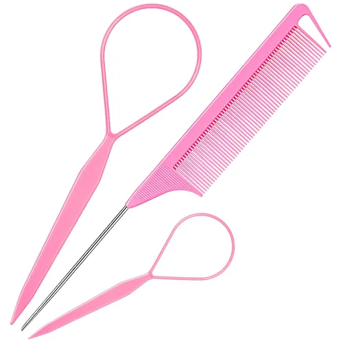 Miniatura 8 de TsMADDTs Juego de 3 herramientas para el cabello con 2 bucles de herramientas de trenzado francés, 1 peine de cola de rata, peine de metal