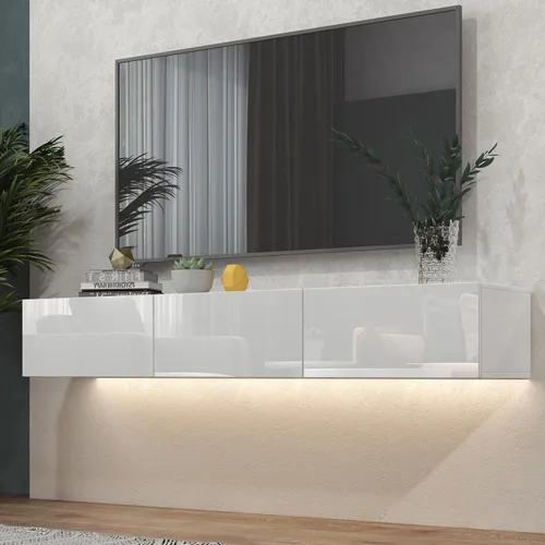 Miniatura 11 de Soporte de TV flotante con LED para TV de 60, 65, 70 pulgadas, brillante centro de entretenimiento moderno montado en la pared con almacenamiento