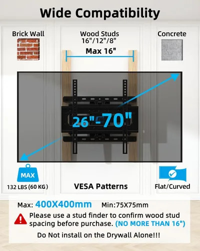 Miniatura 7 de HOME VISION Soporte de pared para TV de 26 a 70 pulgadas de hasta 132 libras, movimiento completo tiene giro suave, inclinación y extensión