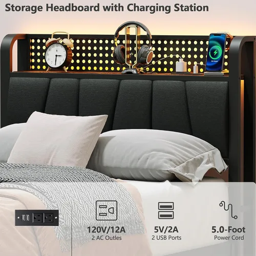 Miniatura 3 de Furnulem Base de cama individual con luz LED y estación de carga, cabecera de almacenamiento tapizada gris con estante, cama de plataforma de metal