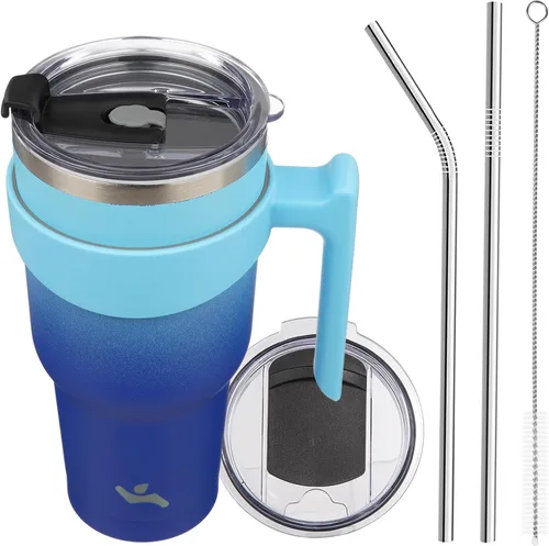 Miniatura 17 de Konokyo - Vaso de 10 onzas con asa y 2 popotes, 2 tapas, botella de agua aislada de acero inoxidable, taza de viaje reutilizable, color verde militar