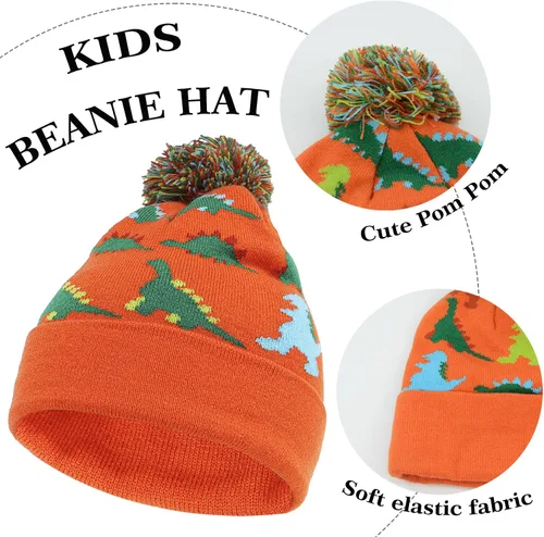 Miniatura 2 de Conjunto de 3 piezas de gorro de invierno para niños, bufanda y dinosaurio, pompón, gorro de punto, cálido