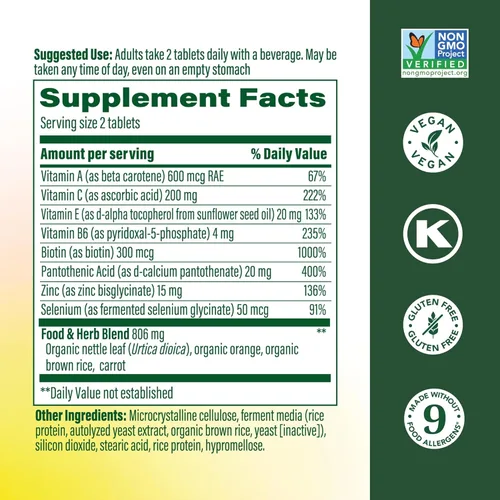 Miniatura 2 de MegaFood Piel, Uñas y Cabello 2 - Vitaminas para Mujeres y Hombres - Biotina, Vitamina A, C, Zinc, B6, E, Ácido Pantoténico - Vegano - Hecho sin 9