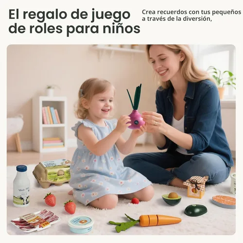 Miniatura 5 de Tiny Land Juego de comida orgánica para juegos de simulación - Juego de juguetes de mariscos y carne de madera de 6 piezas para niños, simulación