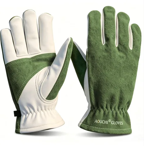 Miniatura 11 de Guantes de trabajo de cuero de vaca para hombres, resistentes para jardinería, patio, paisajismo, soldadura, mecánica, construcción, campamento
