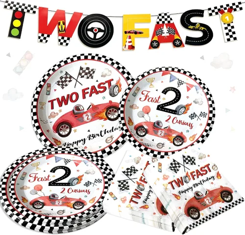 Miniatura 8 de Decoración de fiesta de 2º cumpleaños de coche de carreras para niños, dos platos y servilletas de papel desechable, dos rápidos, dos, curiosos, 2