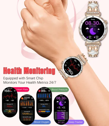 Miniatura 3 de Reloj inteligente para mujer, pantalla AMOLED HD de 1.19 pulgadas, reloj inteligente para mujer, rastreador de actividad física con monitor de Oro