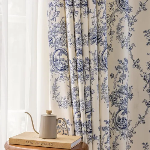 SUOUO Cortinas de chenilla con estampado floral azul y blanco para sala de estar, cortinas de ventana vintage con filtro de luz para dormitorio y