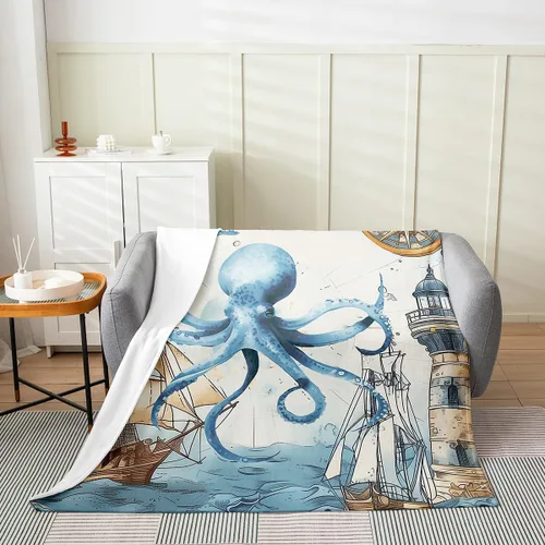 Manta de franela de pulpo de 40 x 50 pulgadas, cálida y ligera, diseño de dibujos animados 3D, manta sherpa de franela moderna de aventura oceánica,