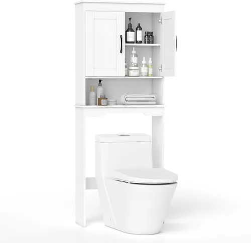 Miniatura 8 de Giantex Armario de almacenamiento sobre el inodoro, ahorro de espacio de doble puerta sobre el inodoro con estante ajustable y cubo